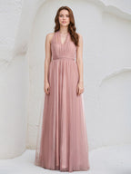 Dusty Rose A-Line Halter Neck Floor-Length Tulle Bridesmaid Dress