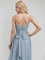 Dusty Blue Chiffon A Line Spaghetti Straps Sleeveless Floor Length Pleated Bridesmaid Dress