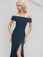 Dark Navy Chiffon Trumpet/Mermaid Off the Shoulder Asymmetrical Chiffon Bridesmaid Dress