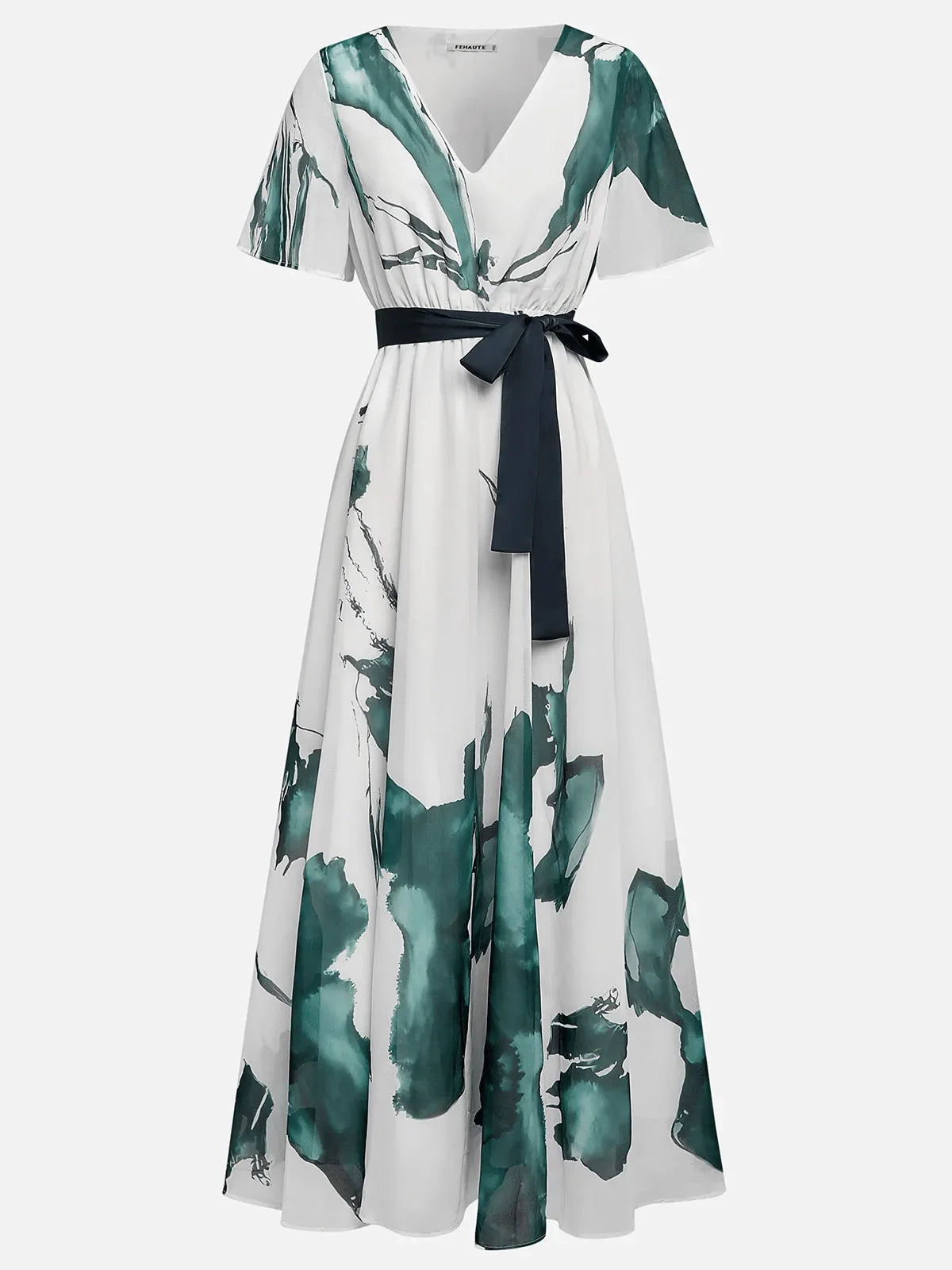Vestido longo azul com estampa, chiffon, decote em V, mangas curtas e modelo evasê