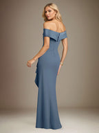 Vestido largo azul acero trompeta/sirena de crepé elástico off the shoulder sin mangas