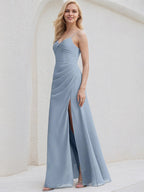 Dusty Blue Chiffon A Line Spaghetti Straps Sleeveless Floor Length Bridesmaid Dress With Slit
