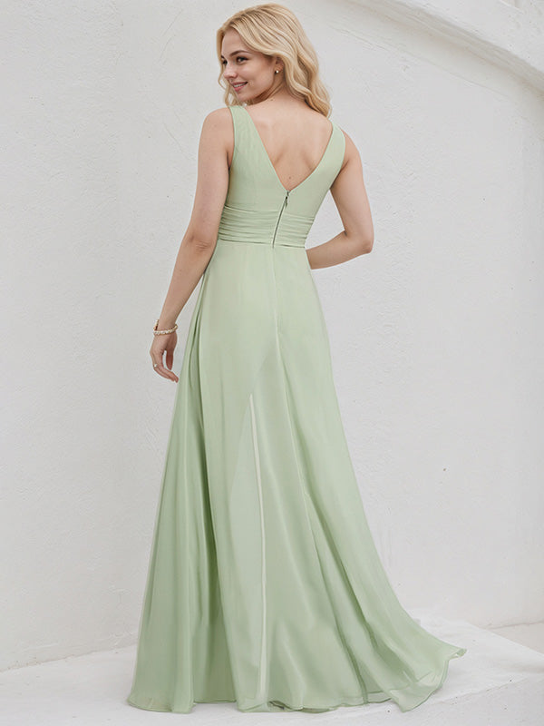 Tuta in chiffon celadon a linea ad A con scollo a V, senza maniche, lunga fino al pavimento, da damigella