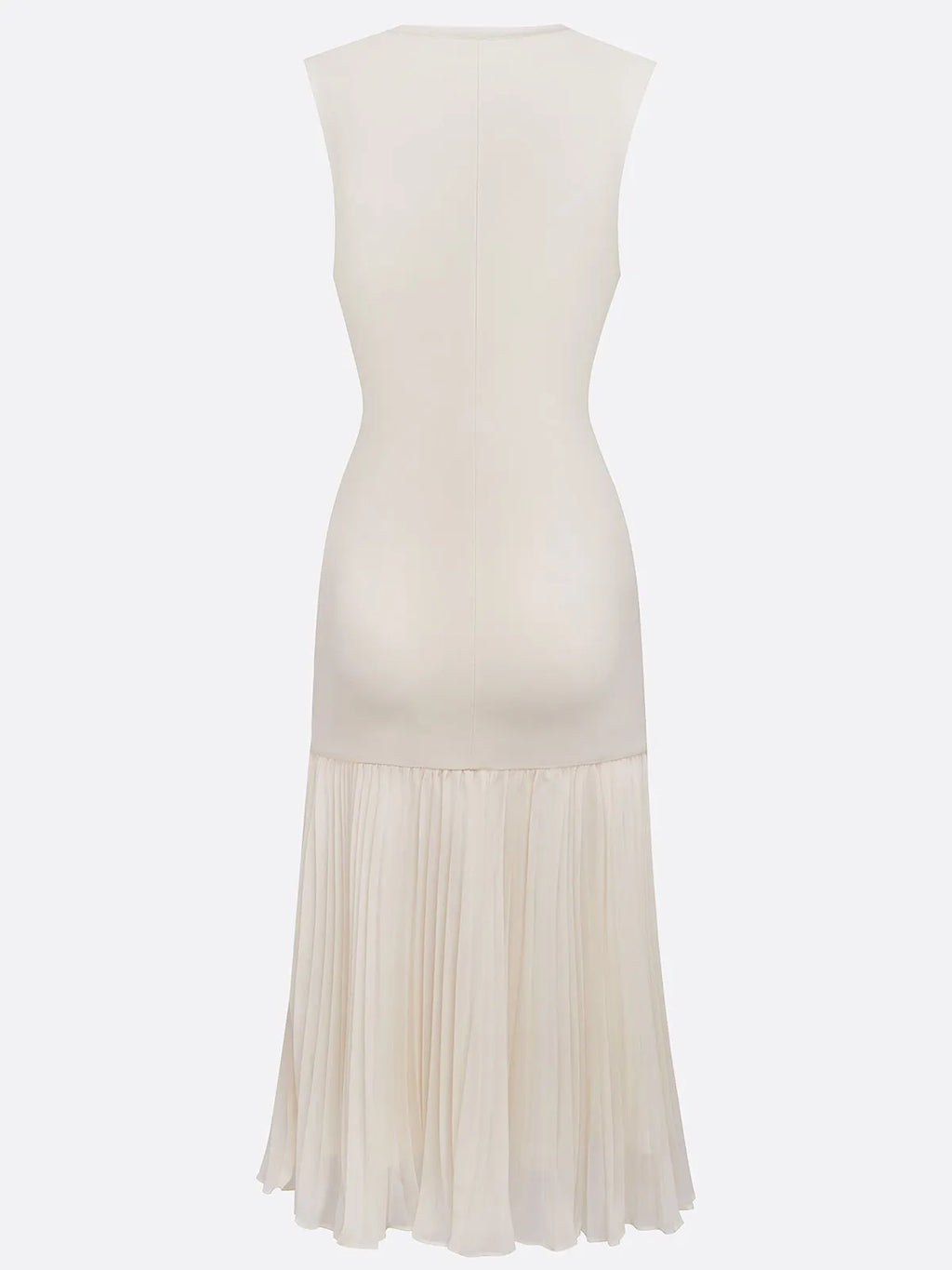 Beiges, plissiertes Strickkleid mit Rundhalsausschnitt, ärmellos, A-Linie, Midi-Jerseykleid