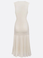Beiges, plissiertes Strickkleid mit Rundhalsausschnitt, ärmellos, A-Linie, Midi-Jerseykleid