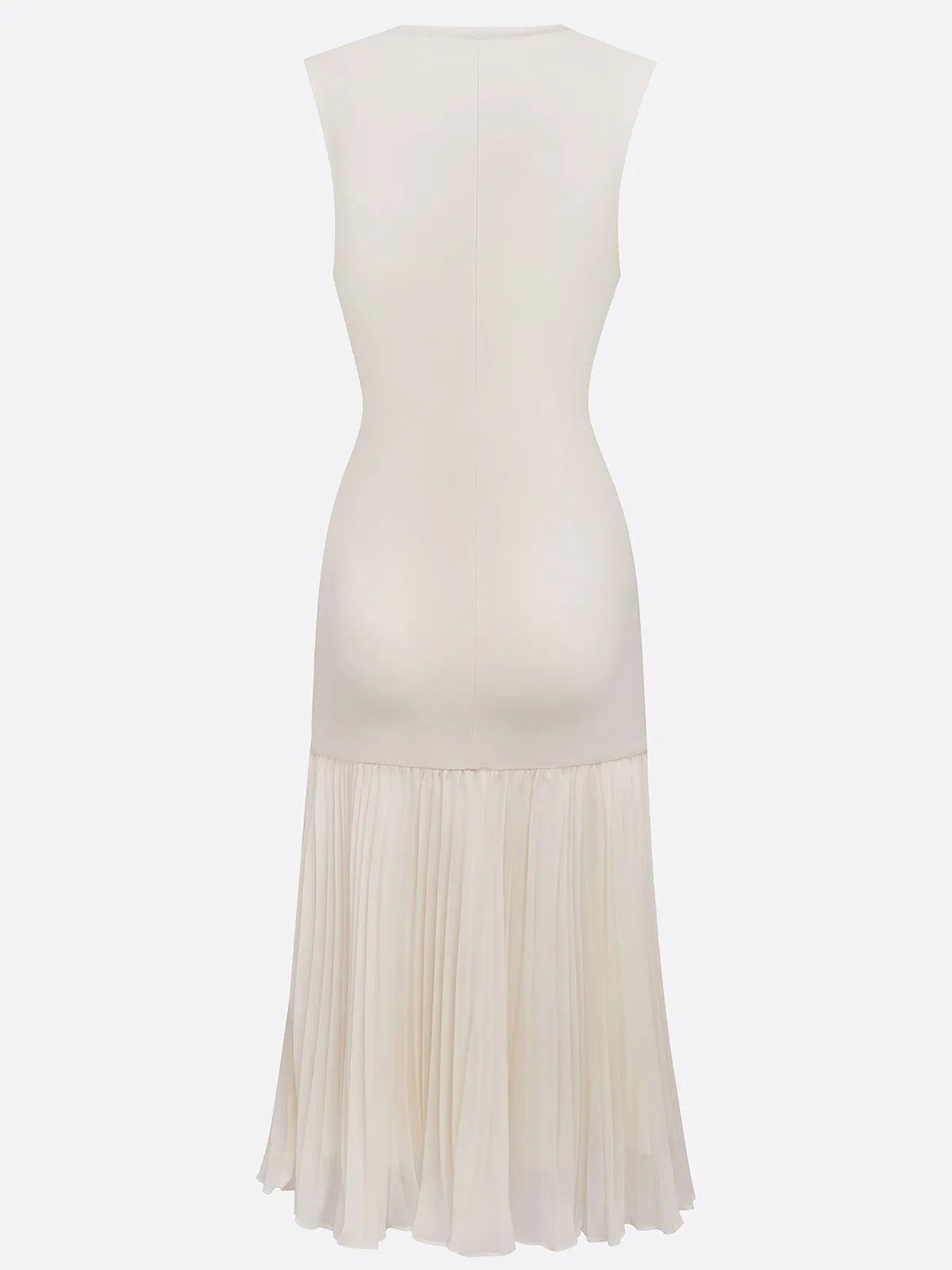 Beiges, plissiertes Strickkleid mit Rundhalsausschnitt, ärmellos, A-Linie, Midi-Jerseykleid