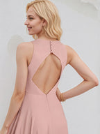 Dusty Rose Chiffon A Line V Neck Sleeveless Asymmetrical Bridesmaid Dress