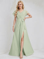 Celadon Chiffon A Line V Neck Ruffle Sleeves Floor Length Bridesmaid Dress