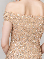Champagne Chiffon Off the Shoulder Sleeveless Floor Length Dress With Sequins
