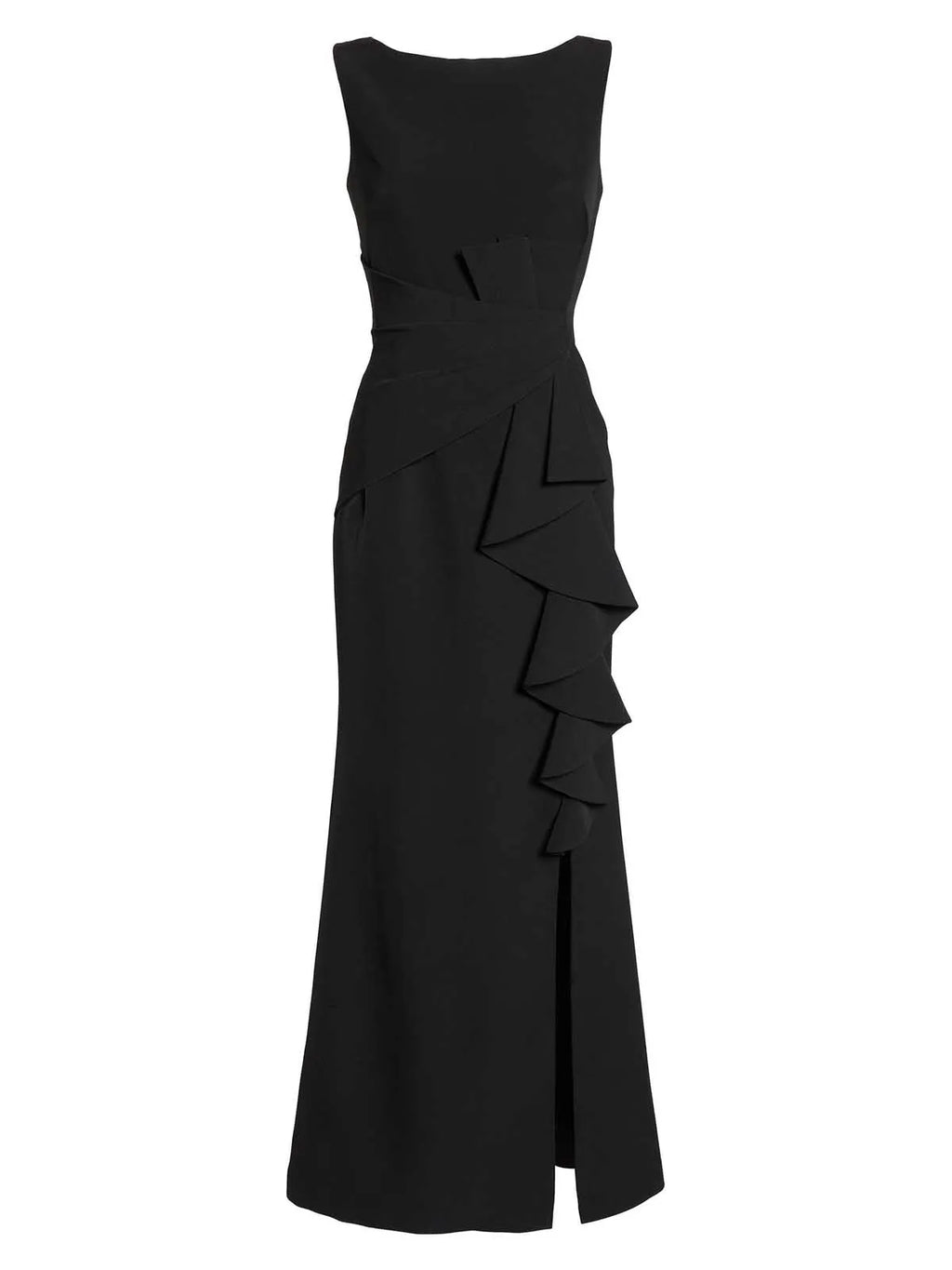 Eng anliegendes/Schlauchförmiges Stretch-Krepp Kleid mit Rundhalsausschnitt, ärmellos, bodenlang mit Rüschen