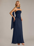 Navy A Line Satin Off The Shoulder Sleeveless Floor Length Dress