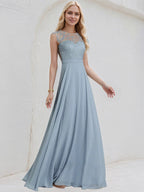 Dusty Blue Chiffon A Line Scoop Sleeveless Floor Length Bridesmaid Dress With Appliques
