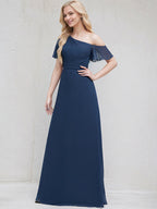 Navy Blue Chiffon A Line One Shoulder Short Sleeves Floor Length Bridesmaid Dress