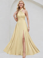 Vestido de Dama de Honra em Cetim Champanhe A Linha com Decote em V, Mangas Curtas e Comprimento ao Chão