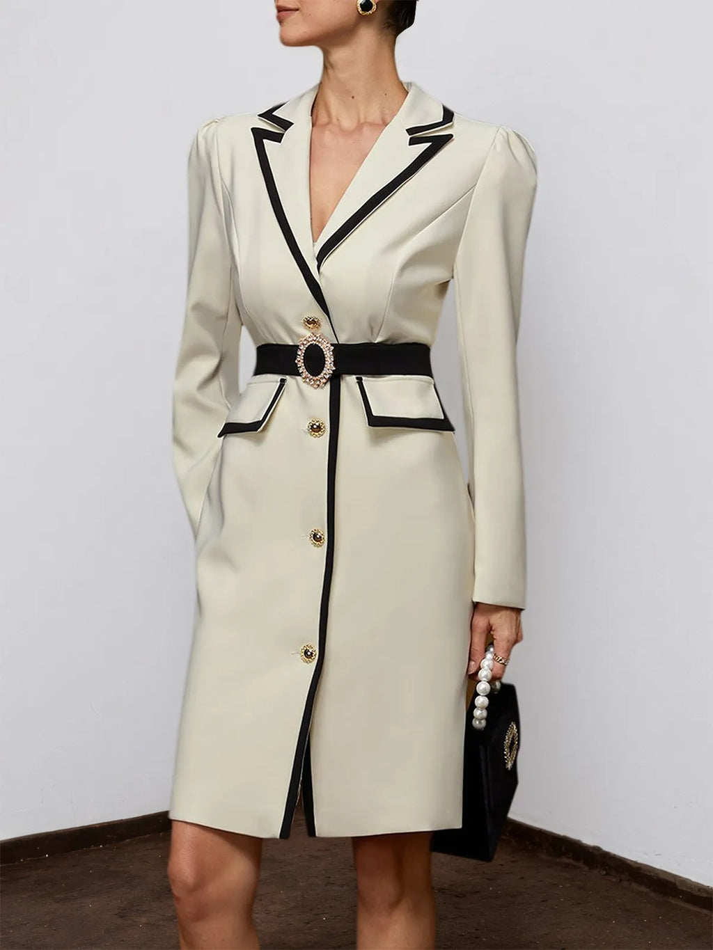 Off White Piping Lapel Collar Long Sleeve Sheath Midi Blazer Dress