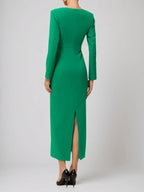 Green Deep V Neck Long Sleeve Sheath Maxi Dress