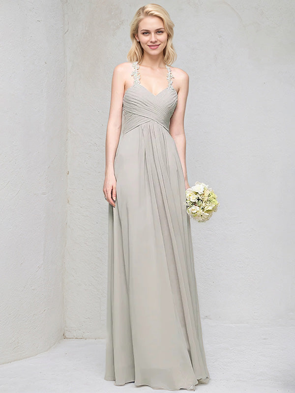 Abito da damigella a linea ad A con scollo a cuore, chiffon e pizzo lungo fino a terra con volant