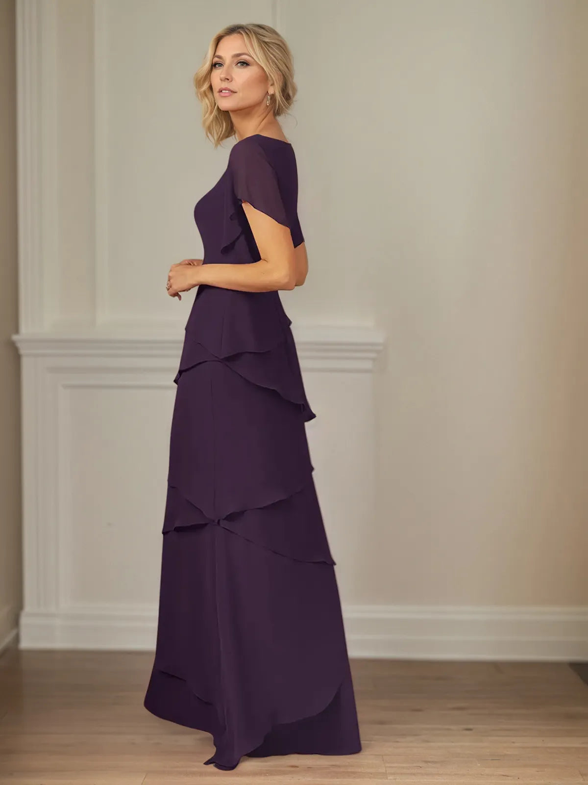 A Line V Neck Flutter Sleeve Floor Length Chiffon Mother of the Bride Dress