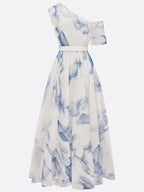 Blau bedrucktes asymmetrisches Chiffonkleid mit einer Schulter, kurzen Ärmeln, A-Linie, Maxilänge