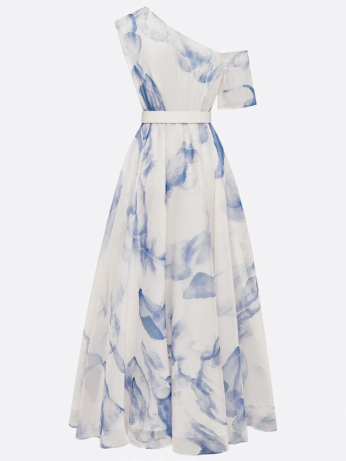Blau bedrucktes asymmetrisches Chiffonkleid mit einer Schulter, kurzen Ärmeln, A-Linie, Maxilänge