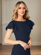 Etuikleid/Säulenform Chiffon Rundhals Kurzarm Bodenlanges Kleid der Brautmutter mit Rüschen