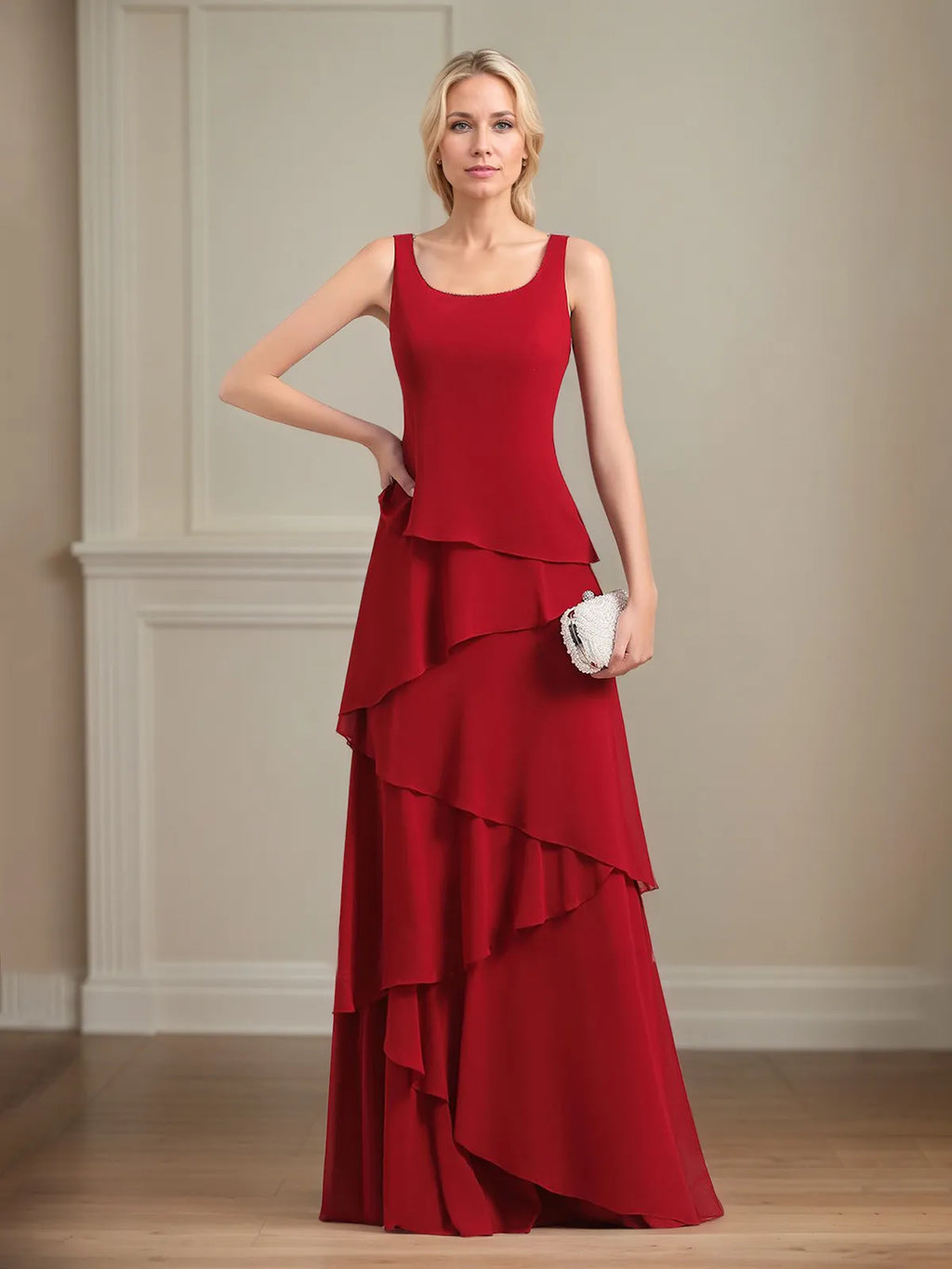 Chiffon-Kleid mit quadratischem Ausschnitt, ärmellos, bodenlang, plissiert, Brautmutterkleid mit Jacke