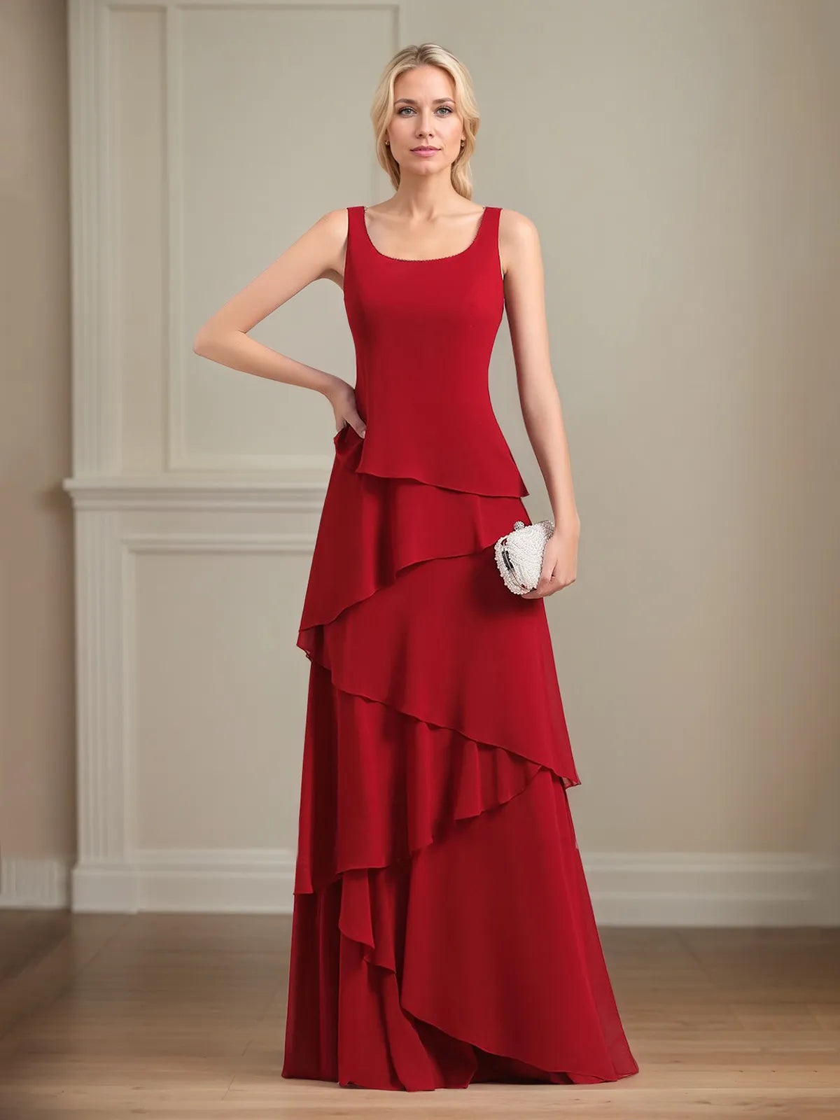 Robe de mère de la mariée en mousseline à col carré sans manches, longueur au sol plissée avec veste