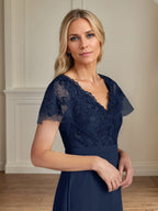 A Line Chiffon V Neck Short Sleeves Floor Length Mother of the Bride Dresses