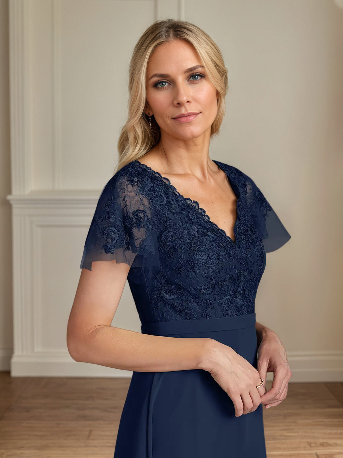 A Line Chiffon V Neck Short Sleeves Floor Length Mother of the Bride Dresses