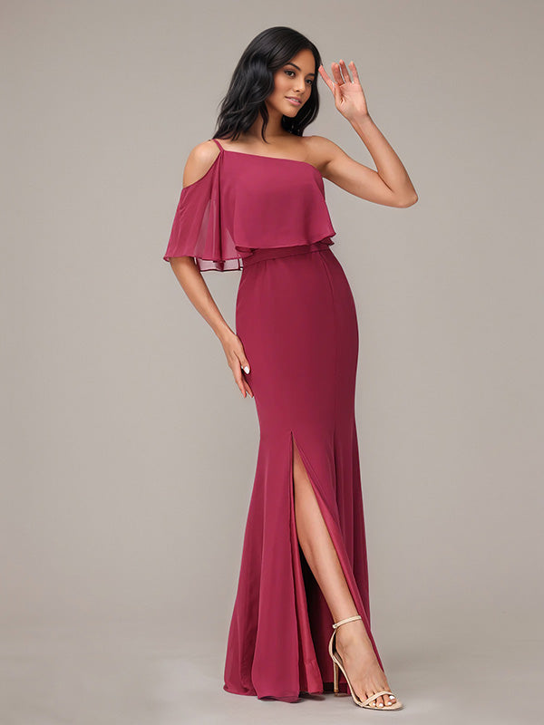 Mulberryfarbenes Etui/Column Chiffon Kleid mit einer Schulter, ärmellos und bodenlang, Brautjungfernkleid