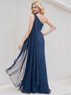 Navy Blue Chiffon A Line One Shoulder Floor Length Bridesmaid Dress