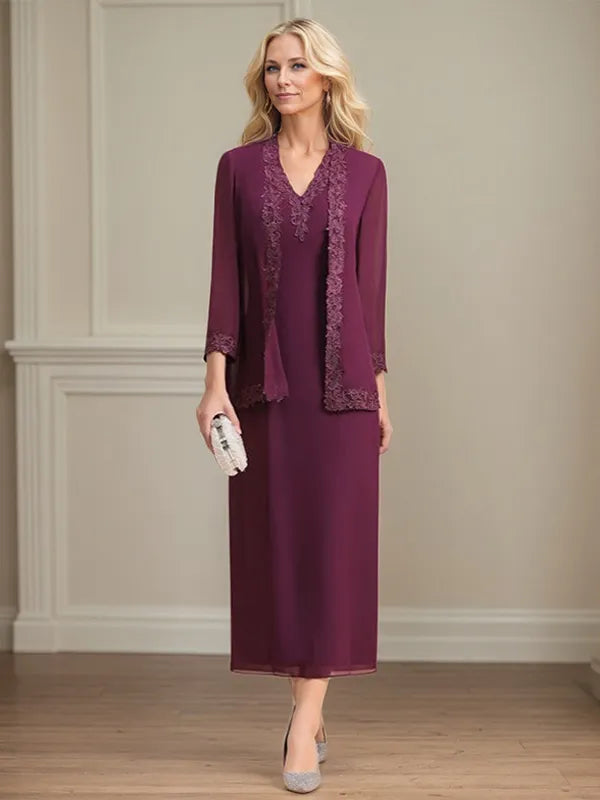 Etui/Column Chiffon V-Ausschnitt 3/4 Ärmel Tea-Length Kleid für die Mutter der Braut