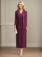 Etui/Column Chiffon V-Ausschnitt 3/4 Ärmel Tea-Length Kleid für die Mutter der Braut