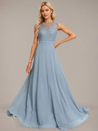 Dusty Blue A-Line Scoop Floor-Length Lace Chiffon Bridesmaid Dress