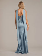 Dusty Blue Sheath/Column Satin Off The Shoulder Sleeveless Floor Length Dress