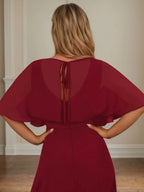 A-Linien Kleid mit V-Ausschnitt, halblangen Ärmeln, bodenlang aus Chiffon, Mutter-des-Braut-Kleid