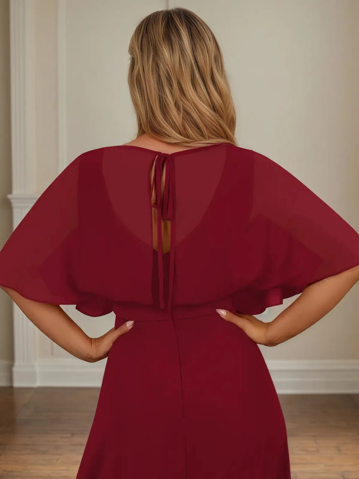 A-Linien Kleid mit V-Ausschnitt, halblangen Ärmeln, bodenlang aus Chiffon, Mutter-des-Braut-Kleid