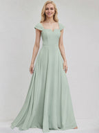 Agave Chiffon A Line Off the Shoulder Sleeveless Floor Length Bridesmaid Dress