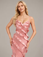 Blush Sheath/Column Spaghetti Straps Floor Length Satin Bridesmaid Dress Ruffle