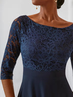 Bläulich-lila Spitzen-Chiffon Kleid mit Rundhalsausschnitt, halben Ärmeln, A-Linie, Midi-Länge