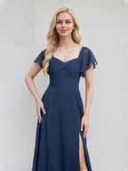 Marineblaues Chiffon A-Linien V-Ausschnitt Kurzarm bodenlanges Brautjungfernkleid