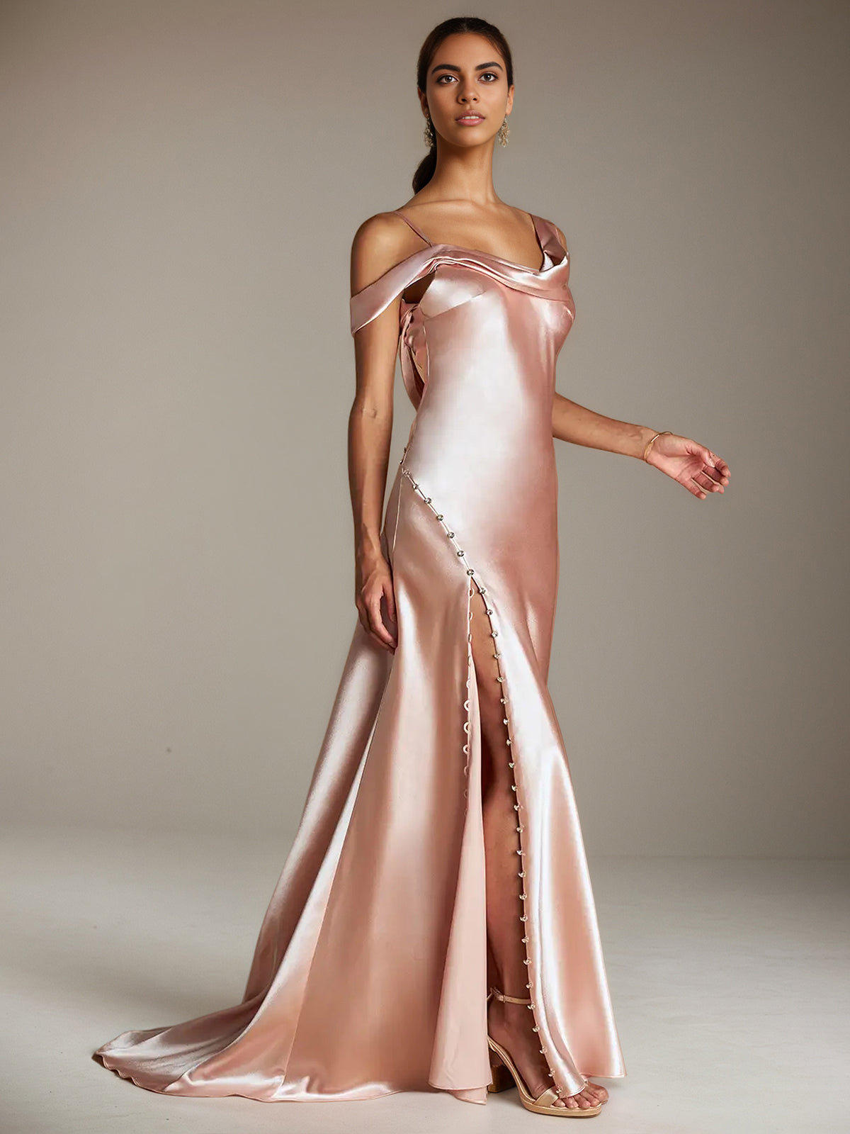 Blush Pink Satin Sheath/Column Asymmetrical Sleeveless Floor Length Bridesmaid Dress
