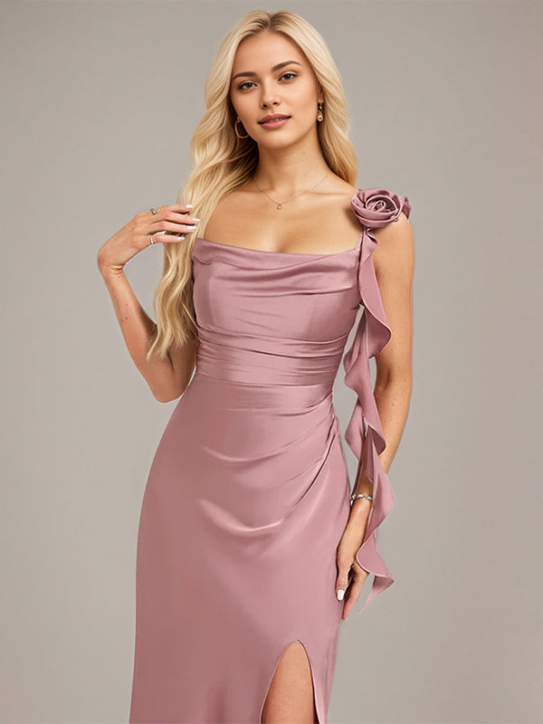 Vintage Mauve A-Linie Spaghettiträger knielanges Satin Brautjungfernkleid mit 3D Blumen