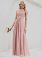 Dusty Rose A-Line Scoop Floor-Length Lace Chiffon Bridesmaid Dress