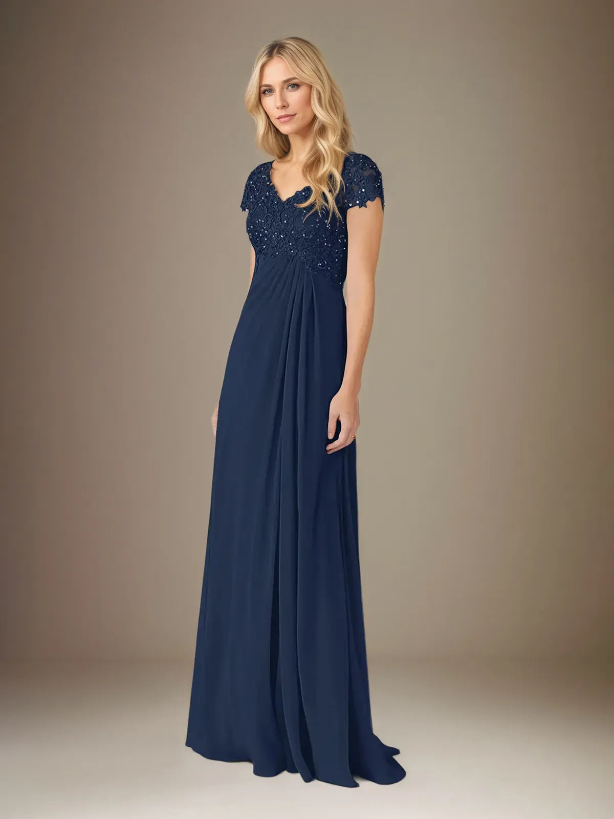 A Line Chiffon V Neck Short Sleeves Floor Length Pleated Mother of the Bride Dresses With Sequins