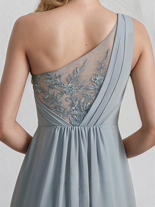 A-Linien Ein-Schulter bodenlanges Spitzen-Chiffon Brautjungfernkleid mit Pailletten