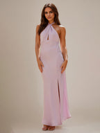 Abito da damigella in chiffon lilla a tubino/colonna con collo halter e senza maniche, lungo fino a terra