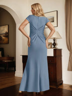Trumpet/Mermaid V Neck Short Sleeve Floor Length Stretch Crepe Dress With Ruffles