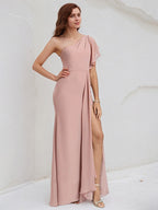 Dusty Rose Chiffon A Line One Shoulder Floor Length Bridesmaid Dress With Ruffle