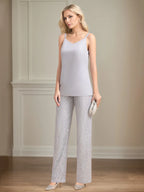Conjunto de Calça para Mãe da Noiva em Chiffon com Decote V, Sem Mangas, Comprimento Longo e Aplicações